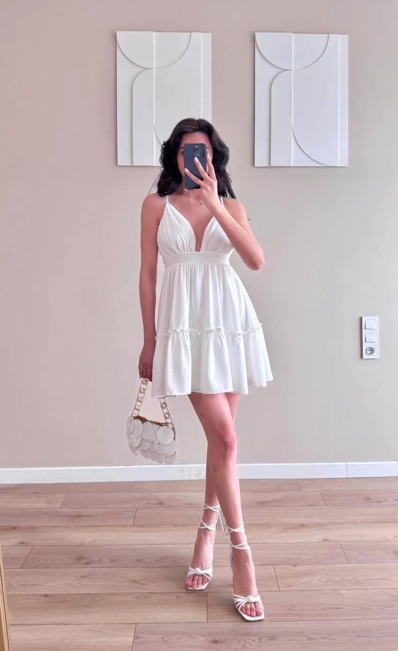 Beyaz Askılı Mini Jesica Elbise