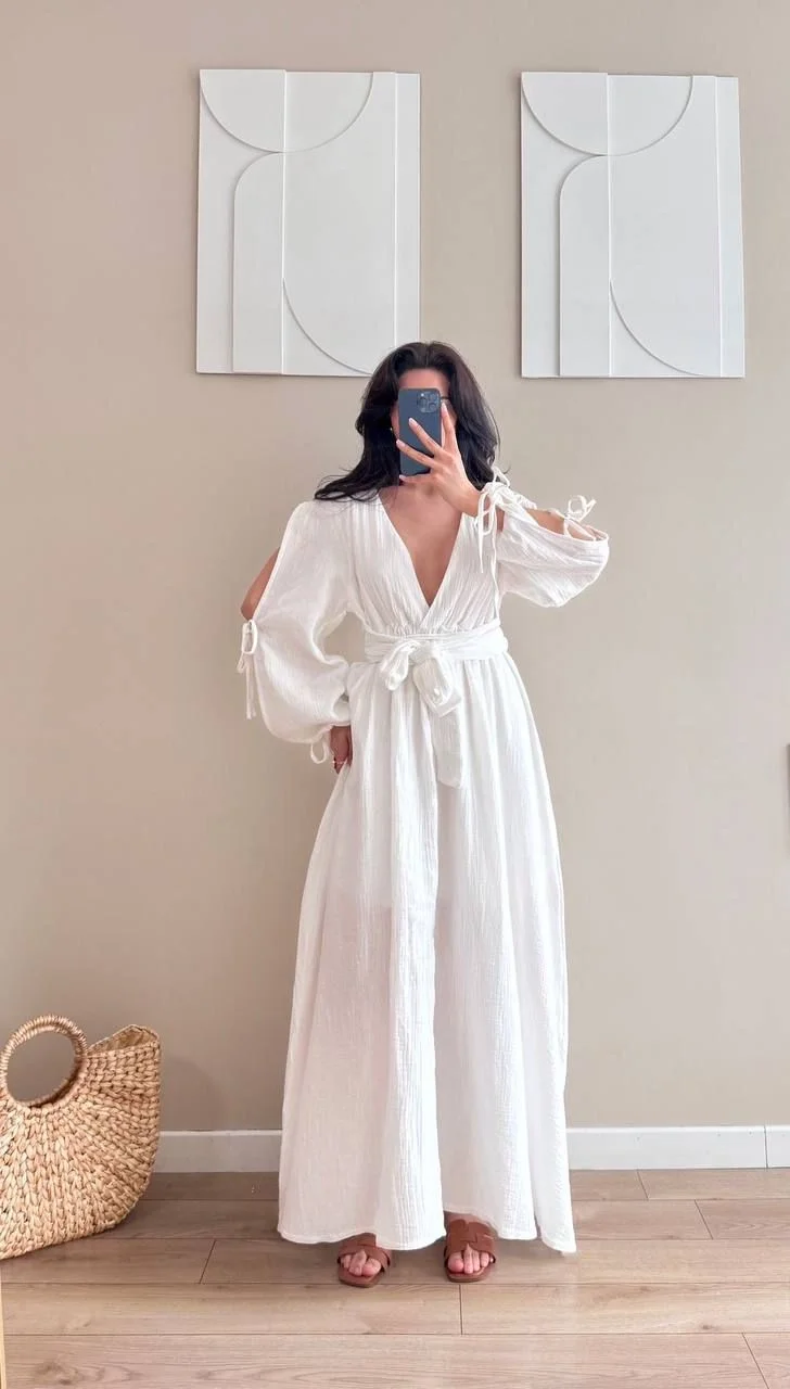 Beyaz Kolları Bağlamalı Kuşaklı Müslin Maxi Elbise