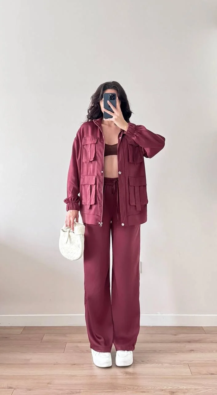 Bordo Cep Detaylı Çıtçıtlı Fermuarlı Ceket Pantolon İkili Takım