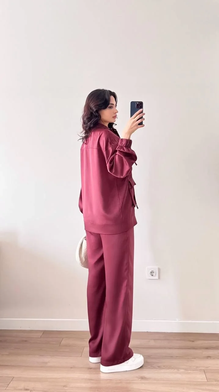 Bordo Cep Detaylı Çıtçıtlı Fermuarlı Ceket Pantolon İkili Takım