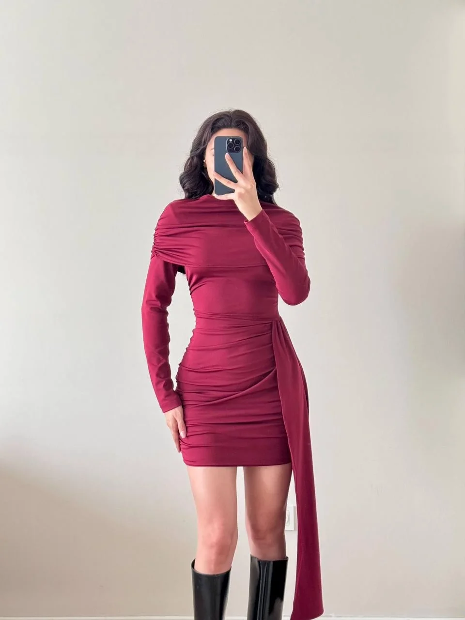 Bordo Drapeli Uzun Kollu Mini Kuyruklu Elbise