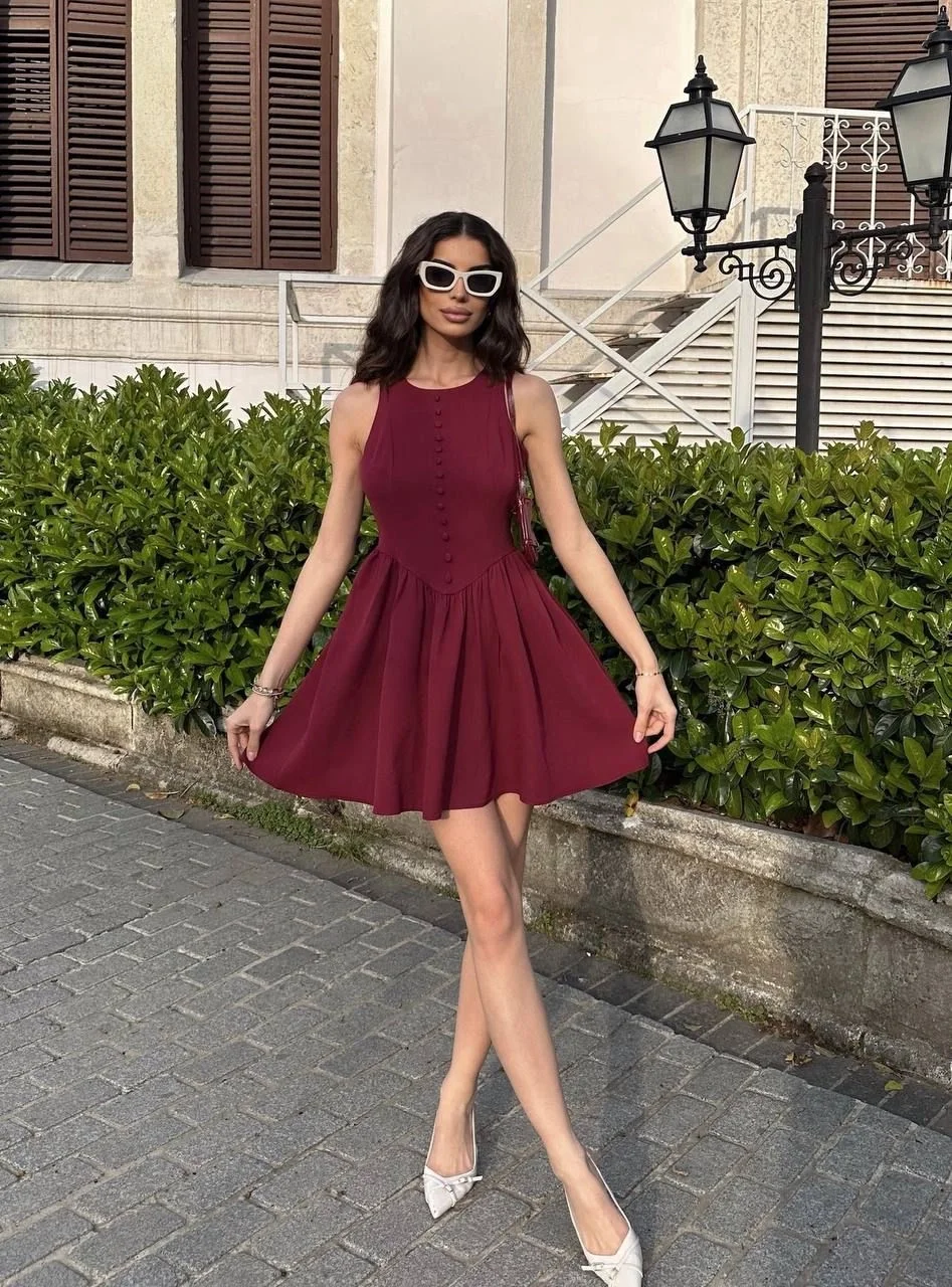 Bordo Kaplama Düğmeli Mini Elbise
