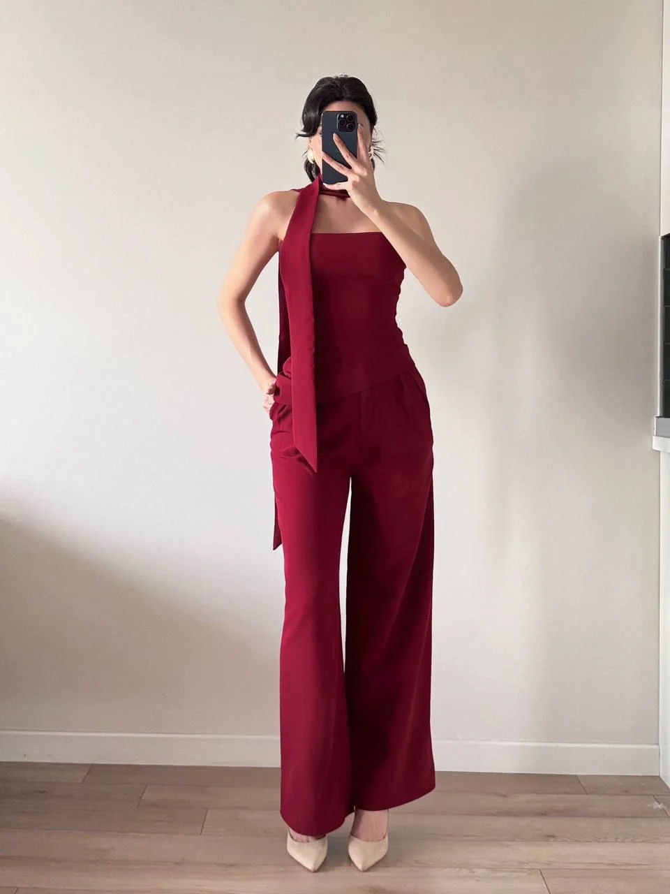 Bordo Şallı Büstiyer Pantolon İkili Takım