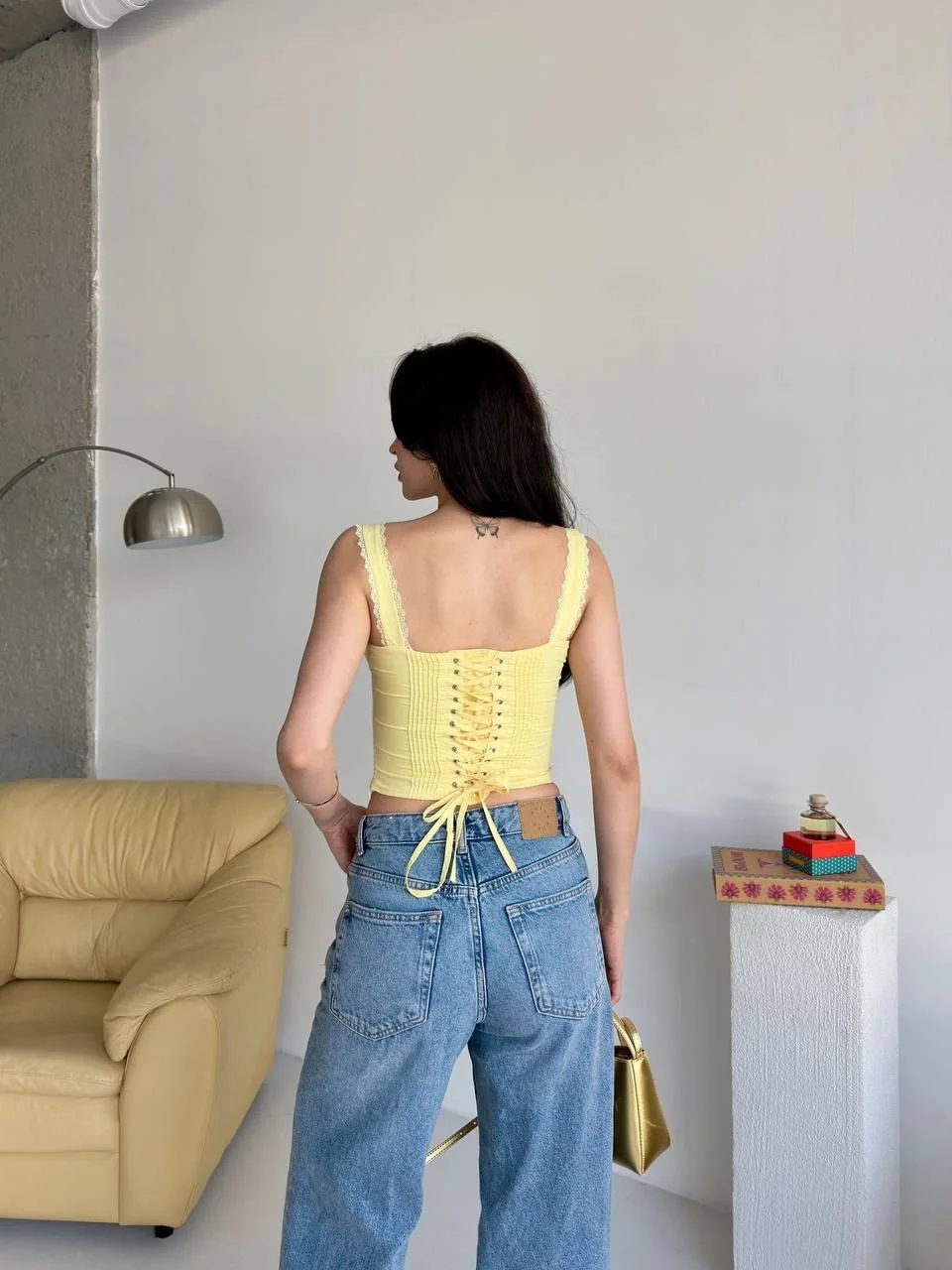 Dantelli Sırtı Bağlamalı Askılı Sarı Büstiyer
