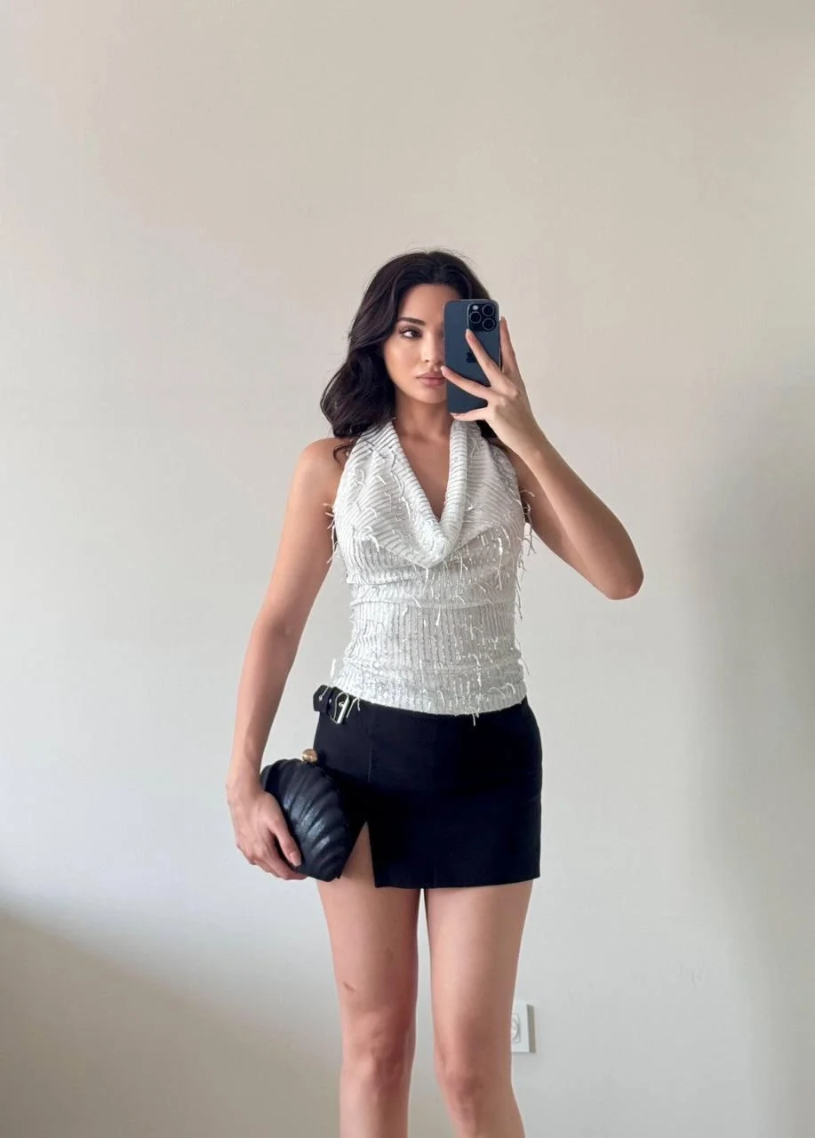 Gri Pul Payet Degaje Yaka Bluz