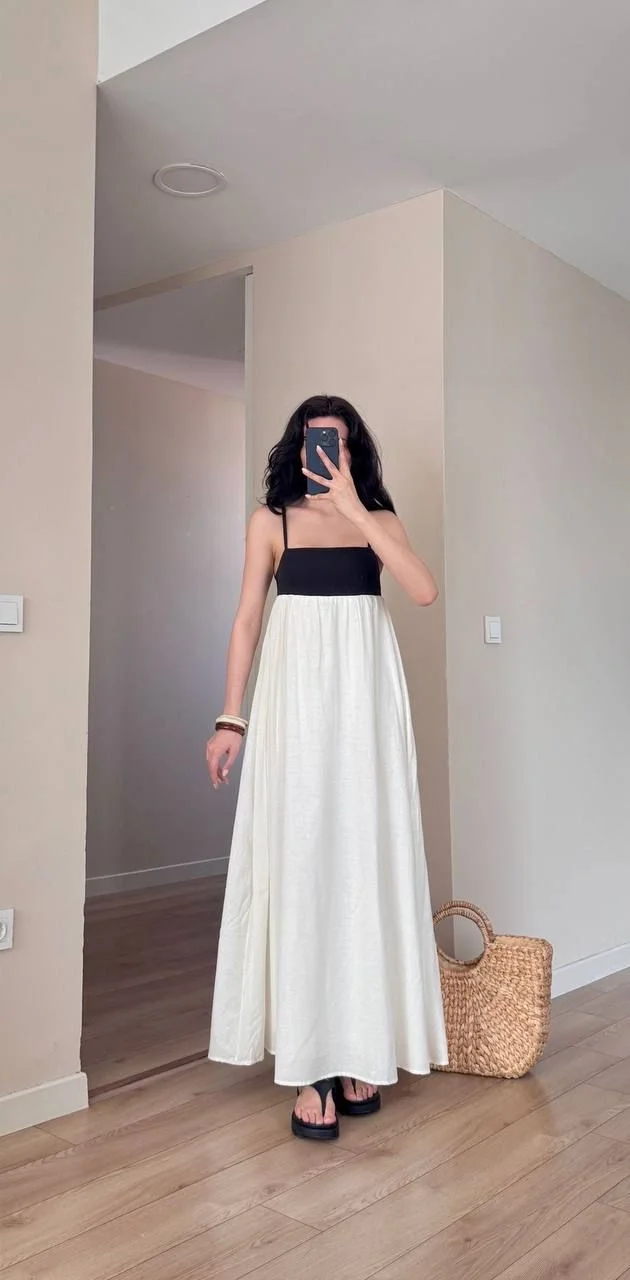 İki Renkli Askılı Keten Maxi Elbise