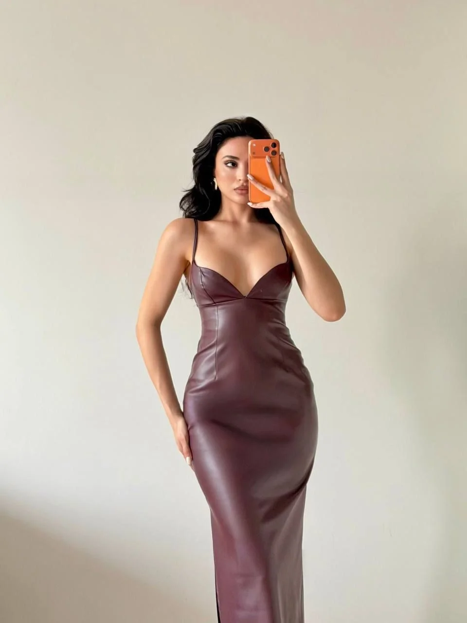 Kadın Bordo Askılı Deri Elbise