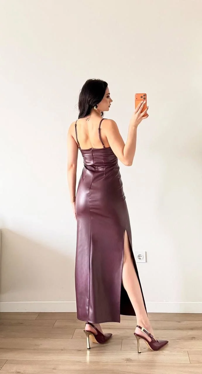 Kadın Bordo Askılı Deri Elbise
