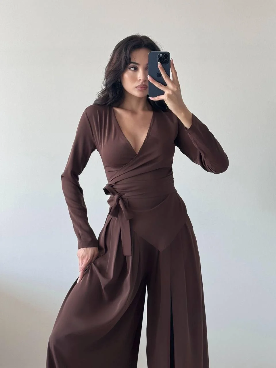 Kahve Kruvaze Yaka Alt Pileli Pantolon İkili Takım