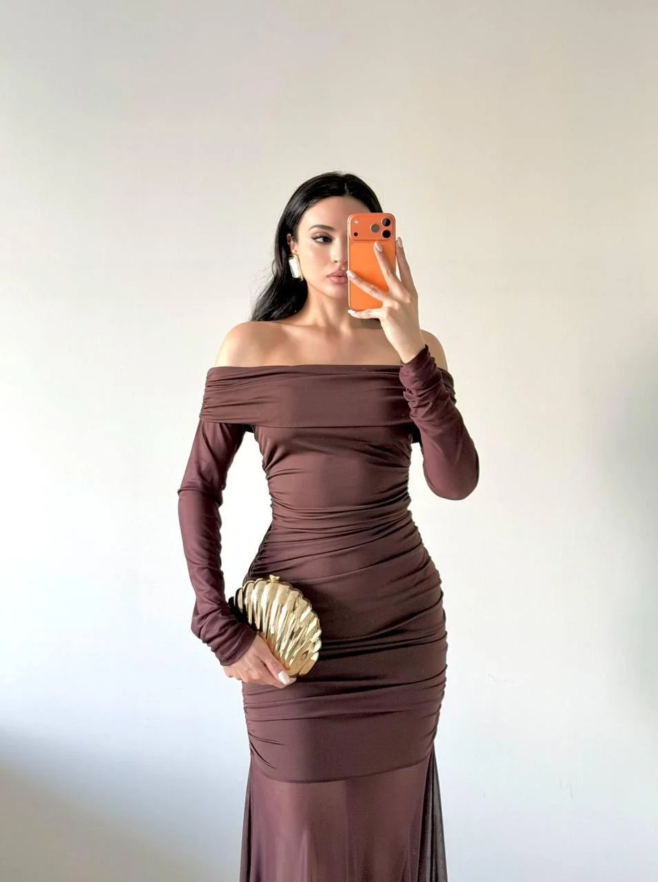 Kahve Straplez Kol Ve Etek Tüllü Maxi Elbise