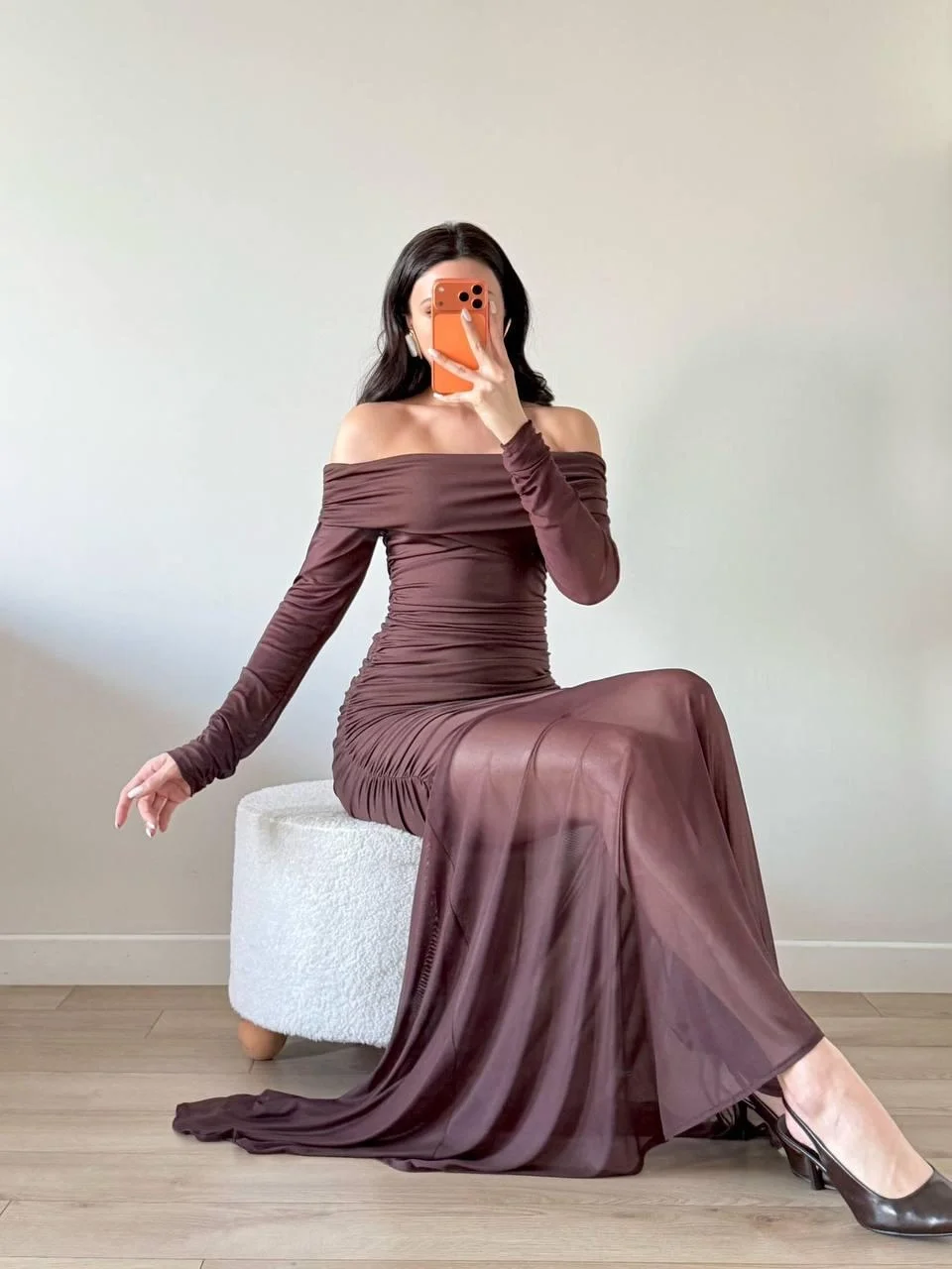 Kahve Straplez Kol Ve Etek Tüllü Maxi Elbise