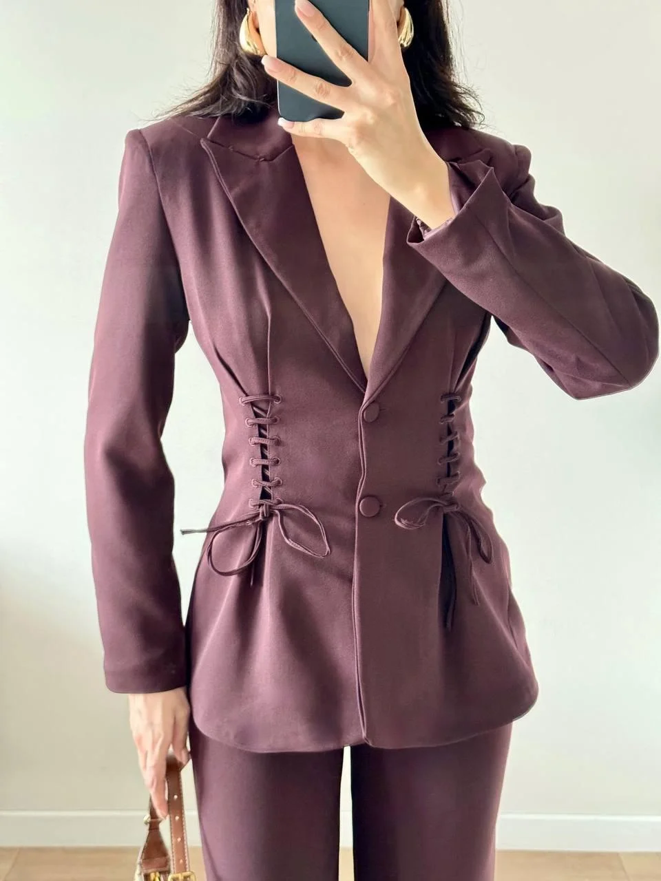 Kahverengi Bel ve Sırt Korse Görünümlü Pantolon Ceket İkili Takım