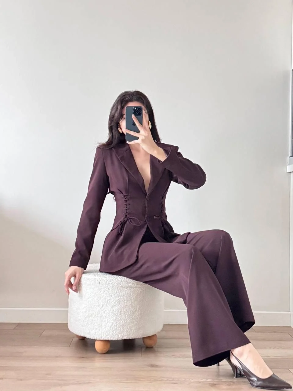 Kahverengi Bel ve Sırt Korse Görünümlü Pantolon Ceket İkili Takım