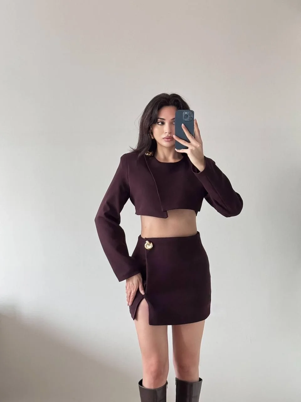 Kahverengi Ceket Etek Şortlu İkili Takım