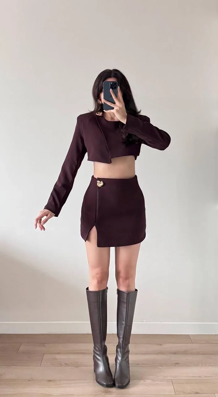 Kahverengi Ceket Etek Şortlu İkili Takım