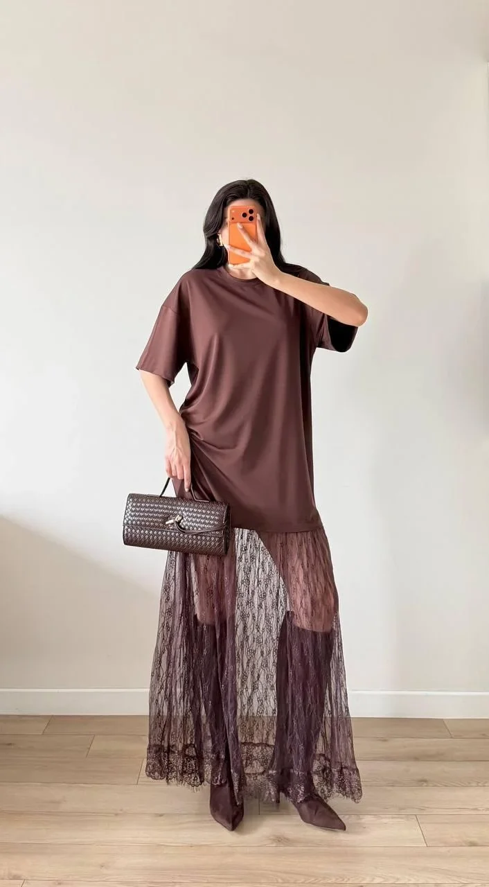 Kahverengi Dantel Detaylı Oversize Elbise