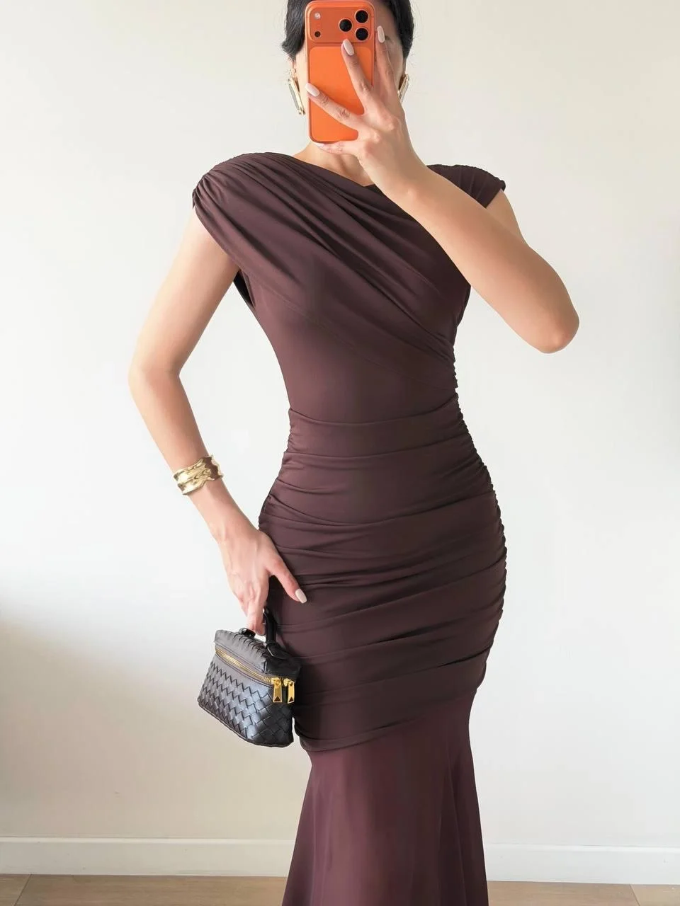 Kahverengi Drapeli Transparan Etekli Maxi Elbise