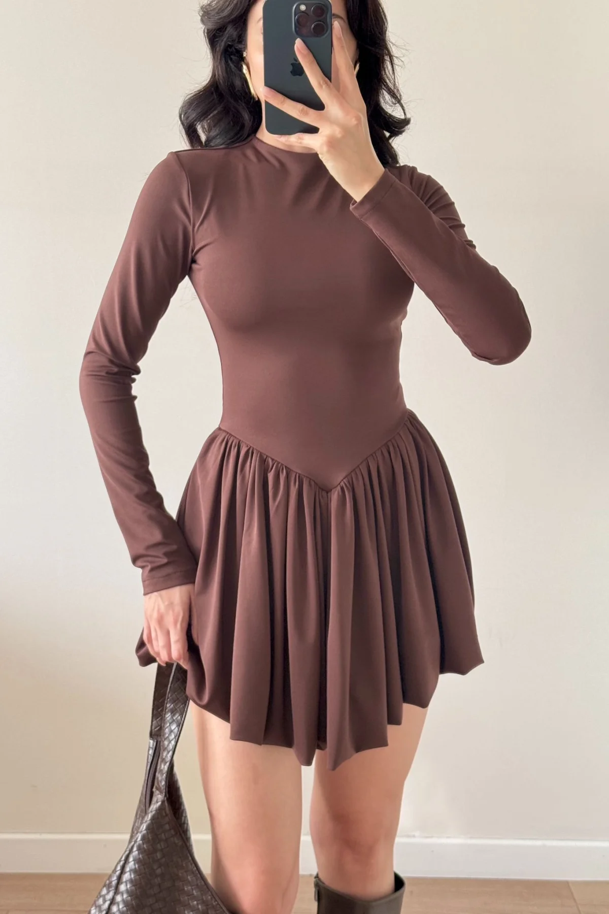 Kahverengi Eteği Pileli Büzgülü Balon Elbise
