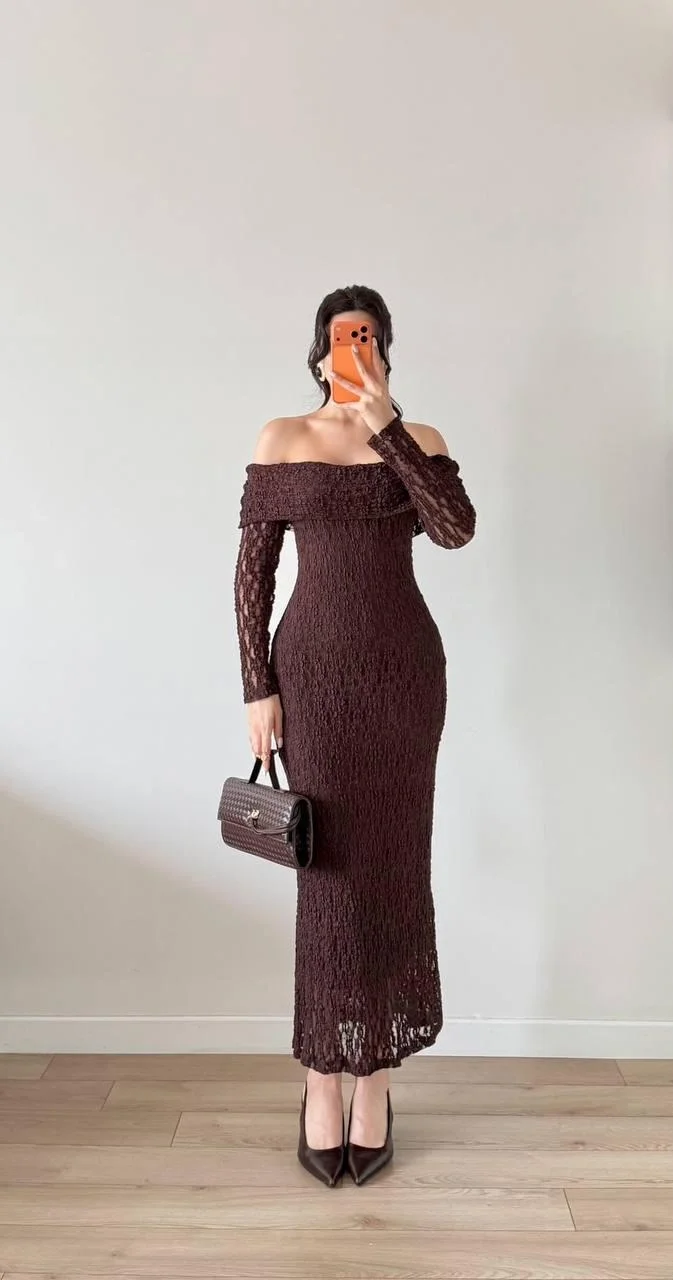 Kahverengi Straplez Yaka Dantelli Maxi Elbise