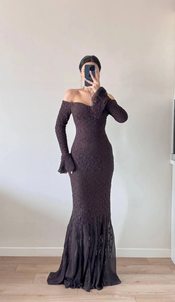 Kahverengi Straplez Yaka Maxi Dantelli Şifonlu Elbise