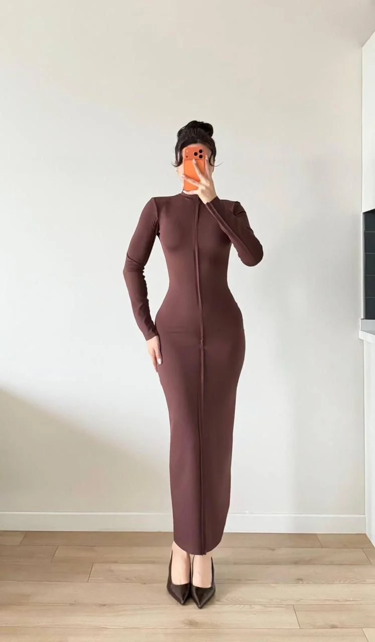 Kahverengi Uzun Kollu Maxi Elbise