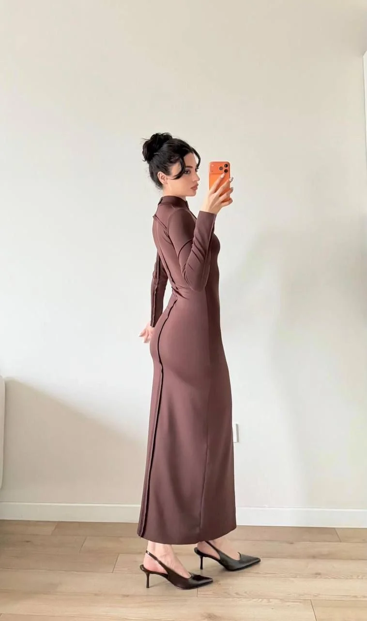 Kahverengi Uzun Kollu Maxi Elbise