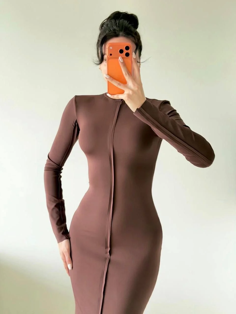 Kahverengi Uzun Kollu Maxi Elbise