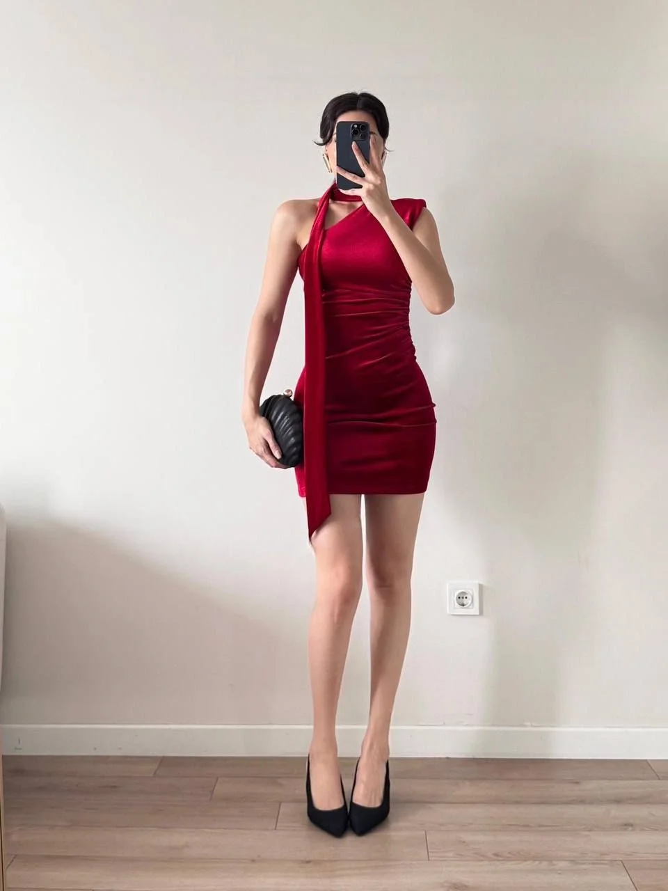 Kırmızı Kadife Şallı Beli Büzgülü Mini Elbise