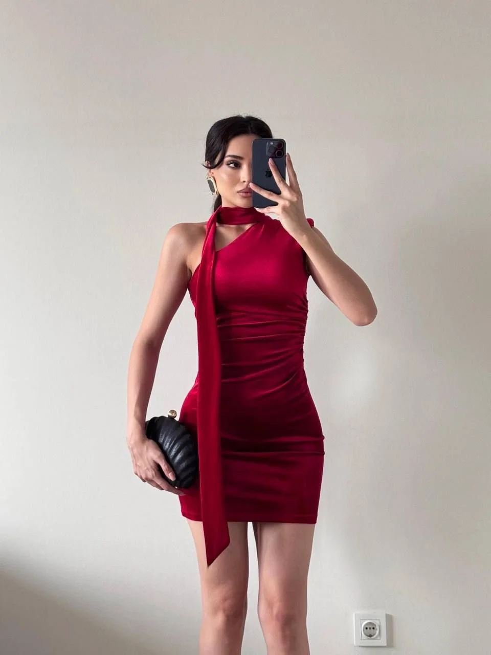 Kırmızı Kadife Şallı Beli Büzgülü Mini Elbise