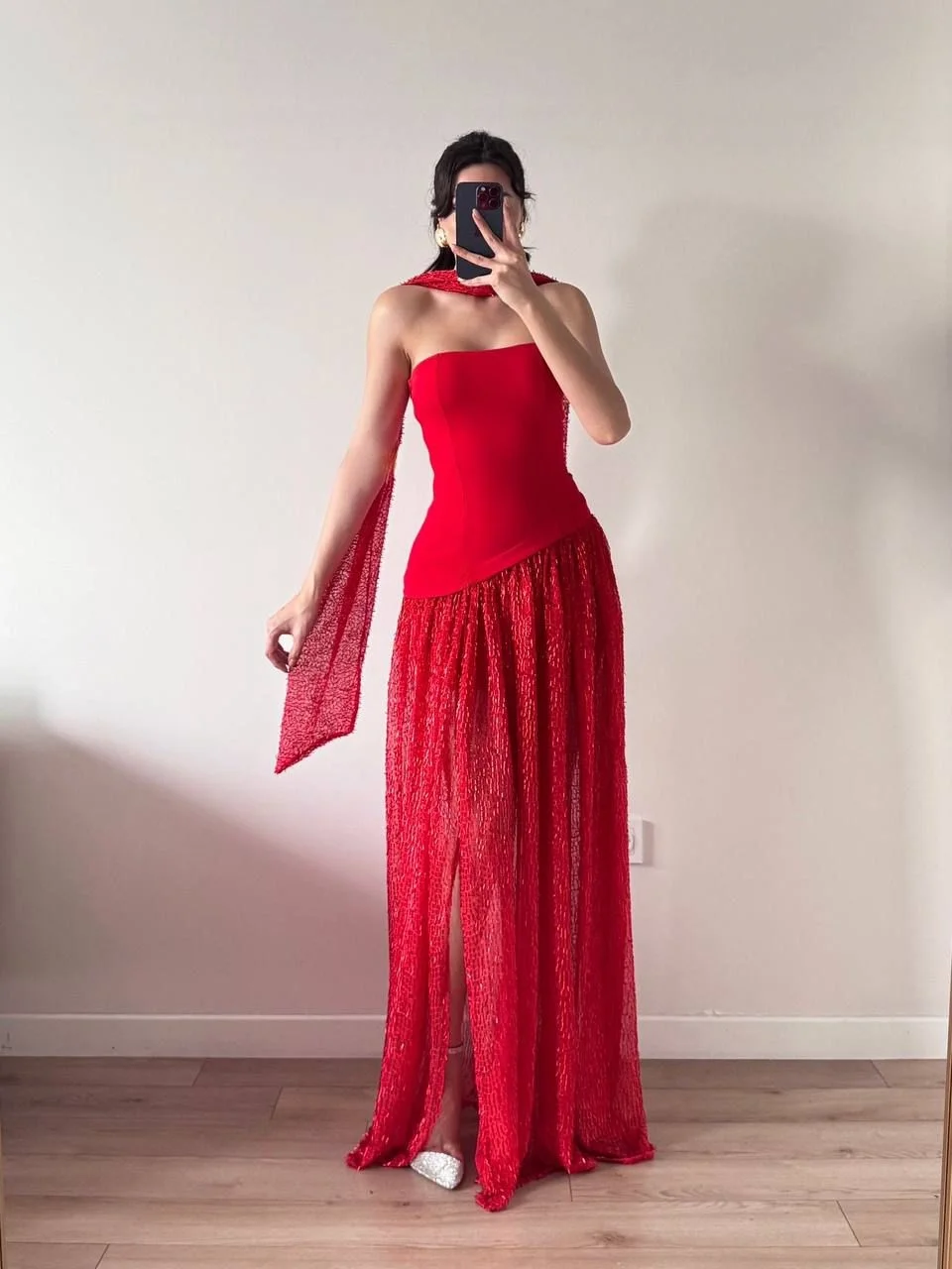 Kırmızı Pul Payet Şallı Maxi Yırtmaçlı Elbise