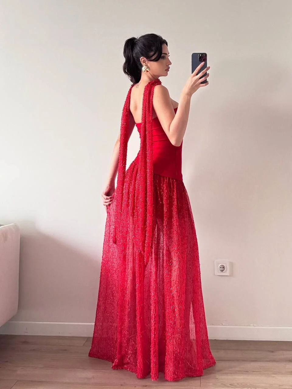 Kırmızı Pul Payet Şallı Maxi Yırtmaçlı Elbise