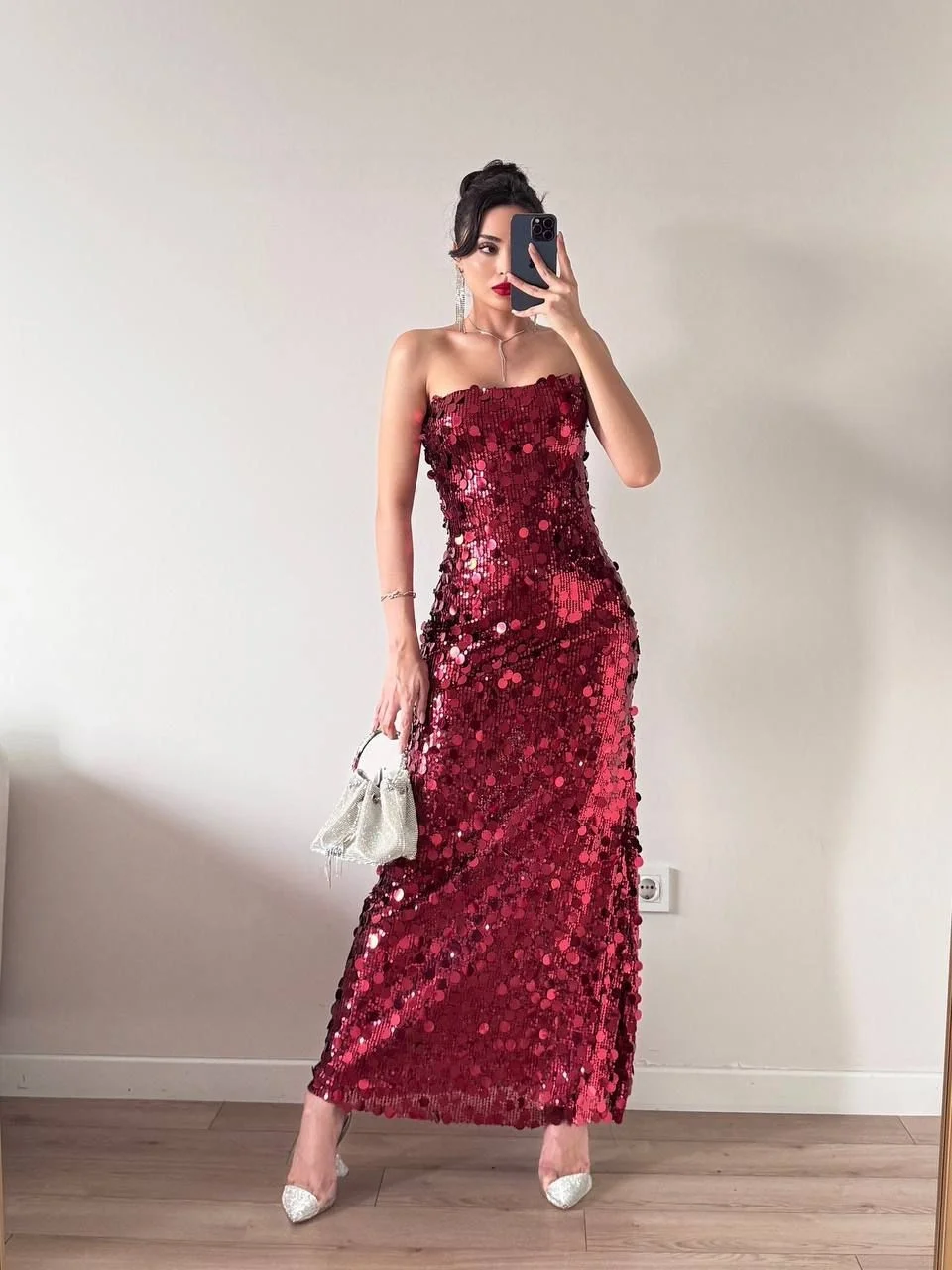 Kırmızı Straplez Pul Payet Maxi Elbise