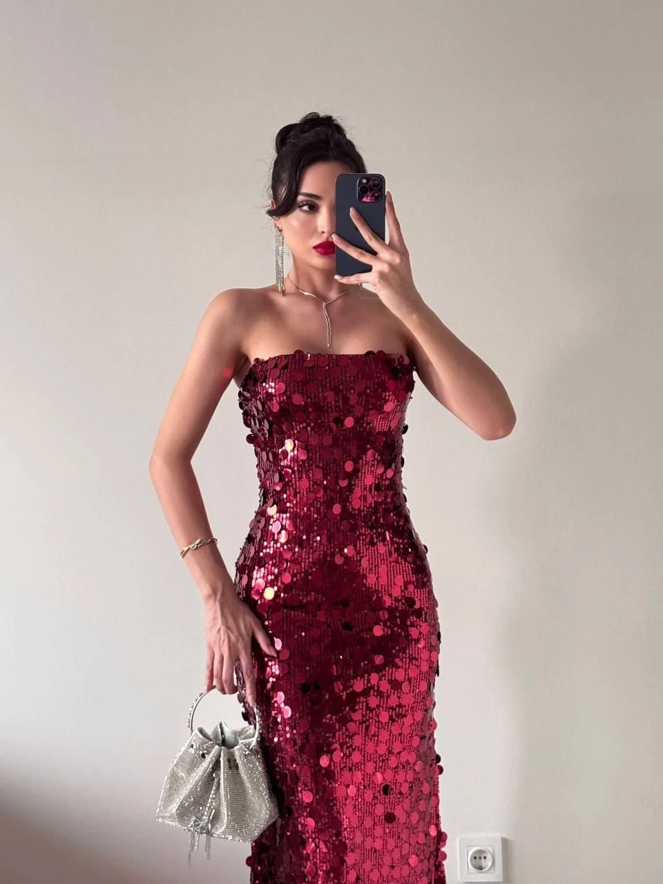 Kırmızı Straplez Pul Payet Maxi Elbise