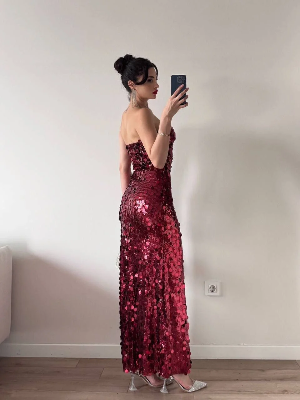 Kırmızı Straplez Pul Payet Maxi Elbise