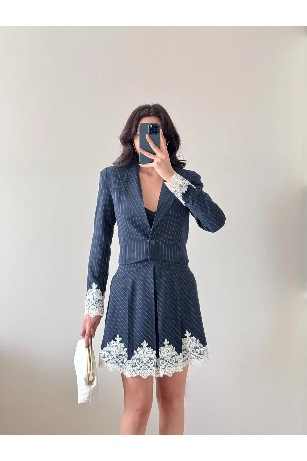 Lacivert Dantel Detaylı Çizgili Blazer Ceket Elbise Takım