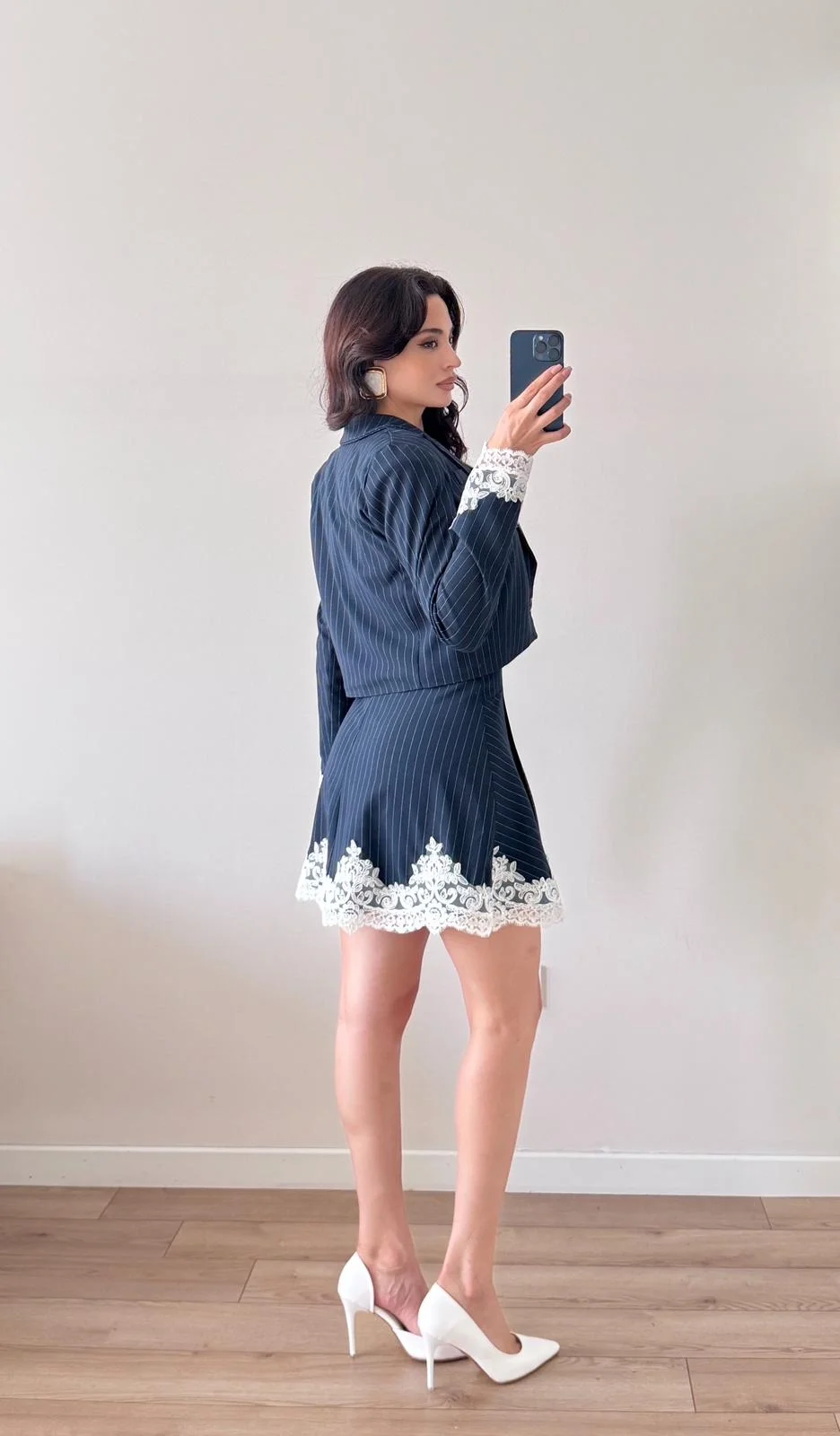 Lacivert Dantel Detaylı Çizgili Blazer Ceket Elbise Takım