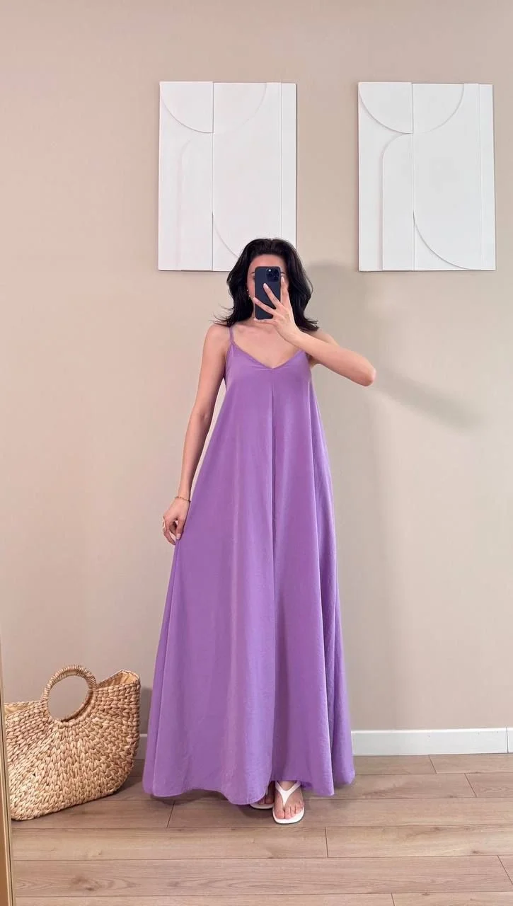 Lila Askılı Modal Kumaş Maxi Elbise