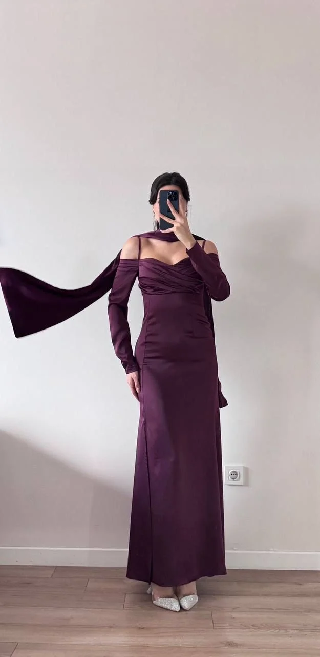 Mor Saten Askılı Şallı Yırtmaçlı Maxi Elbise