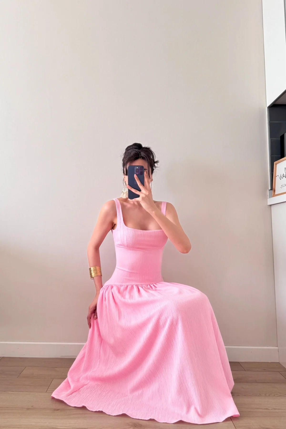 Pembe Askılı Sırt Dekolteli Midi Elbise