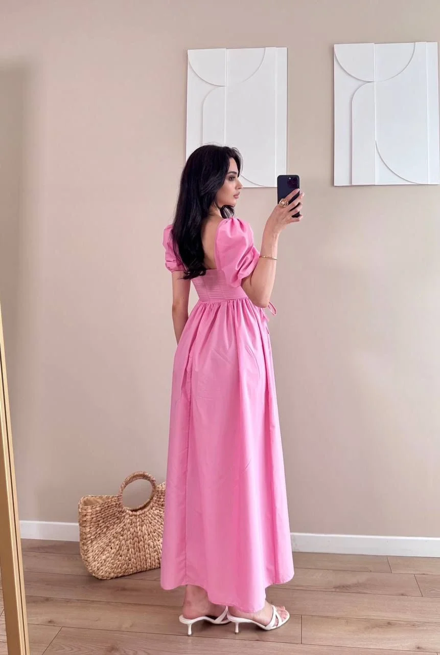Pembe Bel Kuş Gözü Detaylı U Yaka Korseli Midi Elbise
