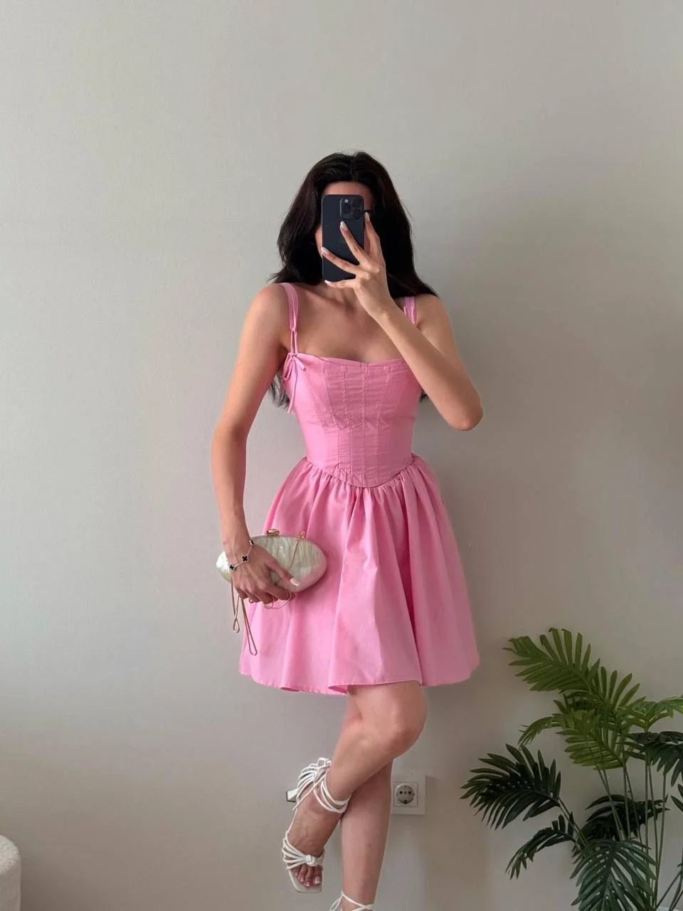 Pembe Beli Korseli Omuz Bağlamalı Mini Elbise