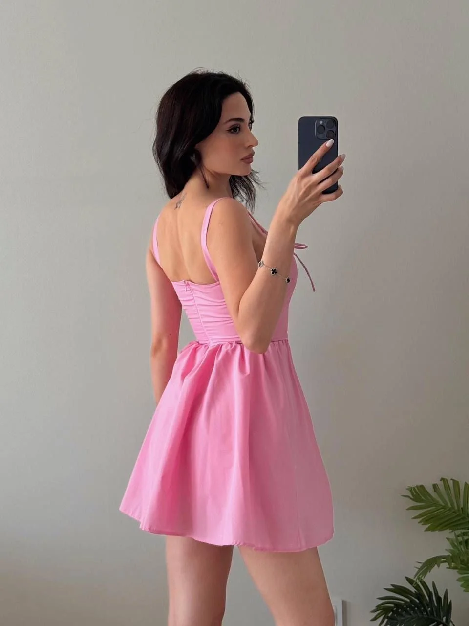 Pembe Beli Korseli Omuz Bağlamalı Mini Elbise