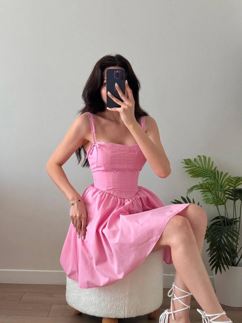 Pembe Beli Korseli Omuz Bağlamalı Mini Elbise