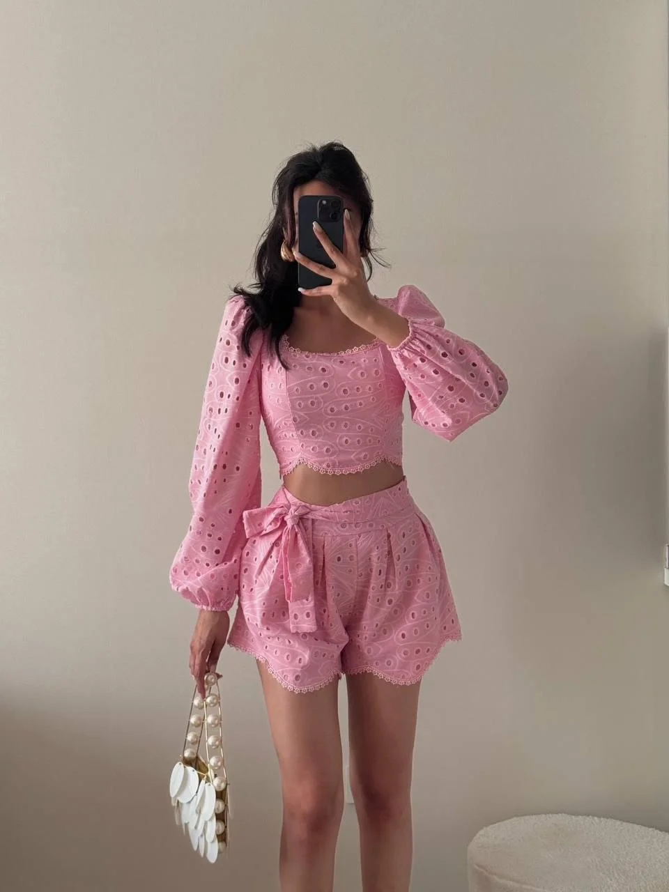 Pembe Brodeli Şortlu İkili Takım