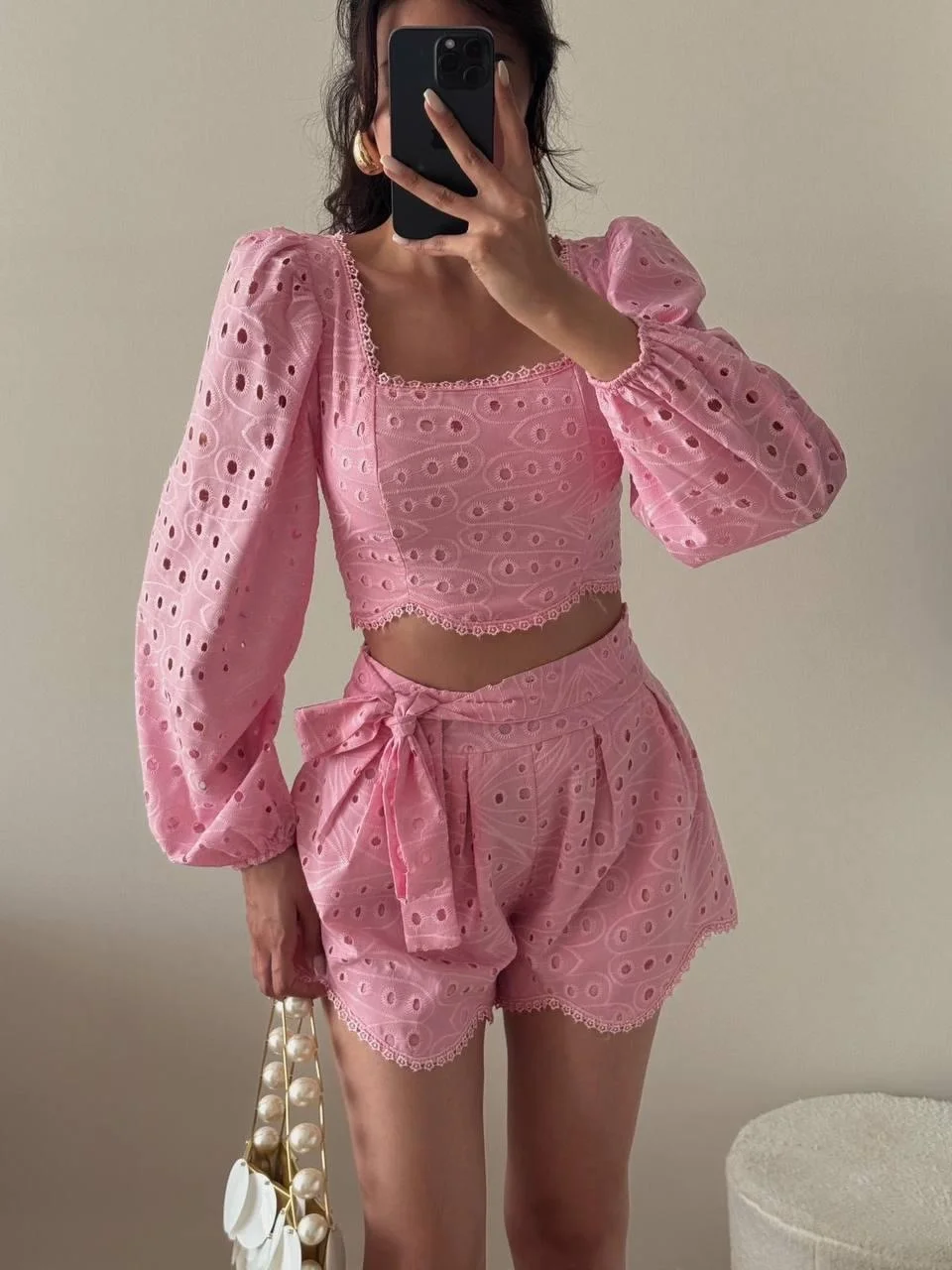 Pembe Brodeli Şortlu İkili Takım