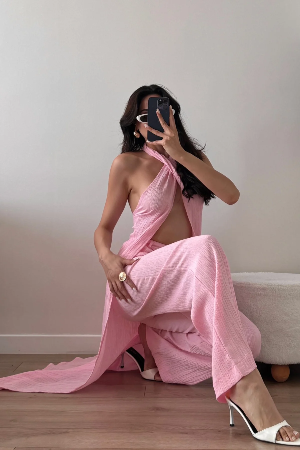 Pembe Çarpraz Bağlamalı Pantolon Yelek Takım