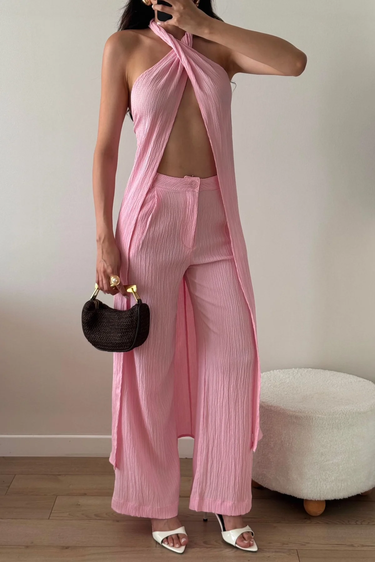 Pembe Çarpraz Bağlamalı Pantolon Yelek Takım