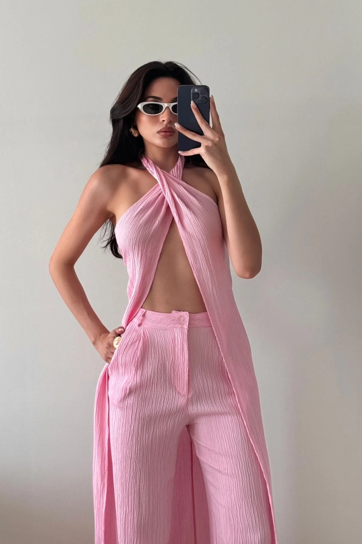 Pembe Çarpraz Bağlamalı Pantolon Yelek Takım