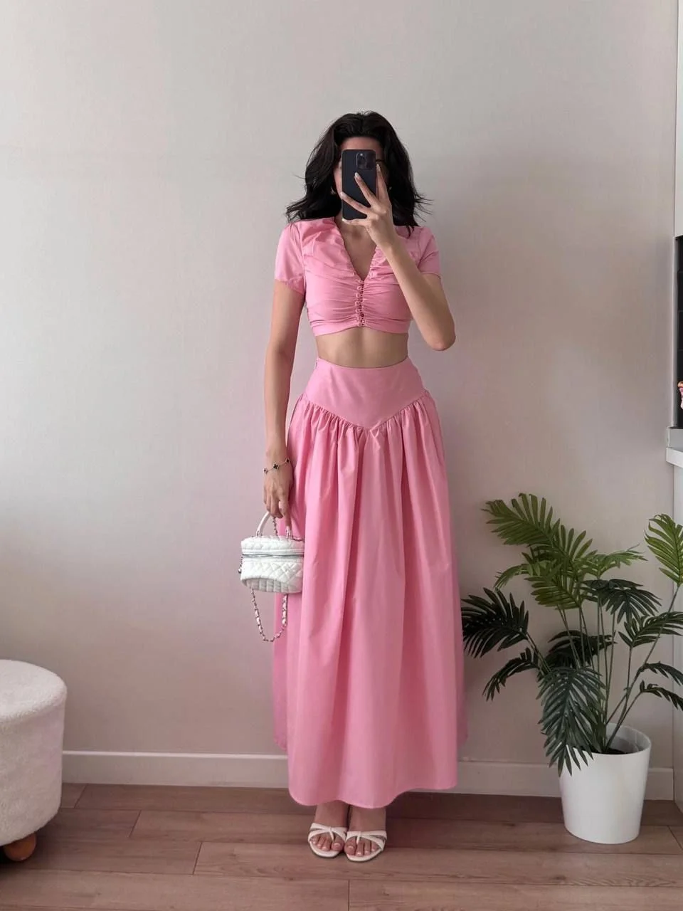 Pembe Düğmeli Büzgülü Etekli İkili Takım