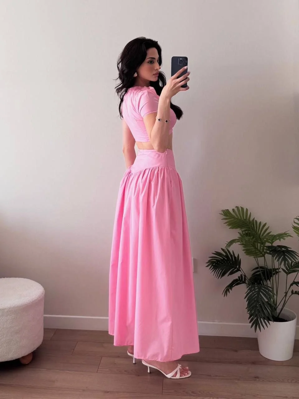 Pembe Düğmeli Büzgülü Etekli İkili Takım